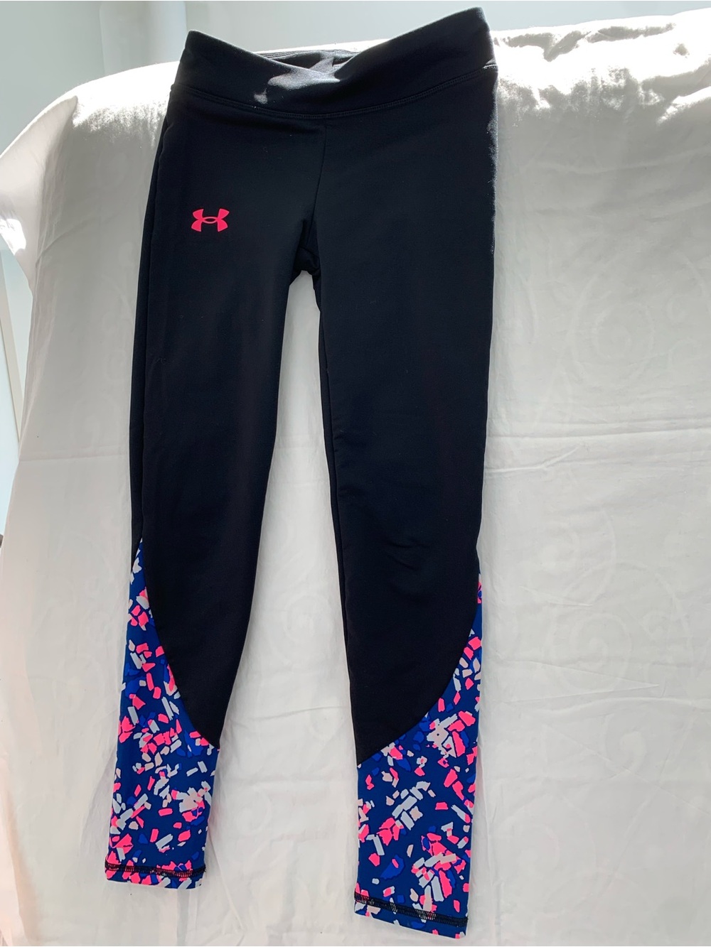 Under Armour Black Leggings with Pink & Blue Patterned Lower Legs